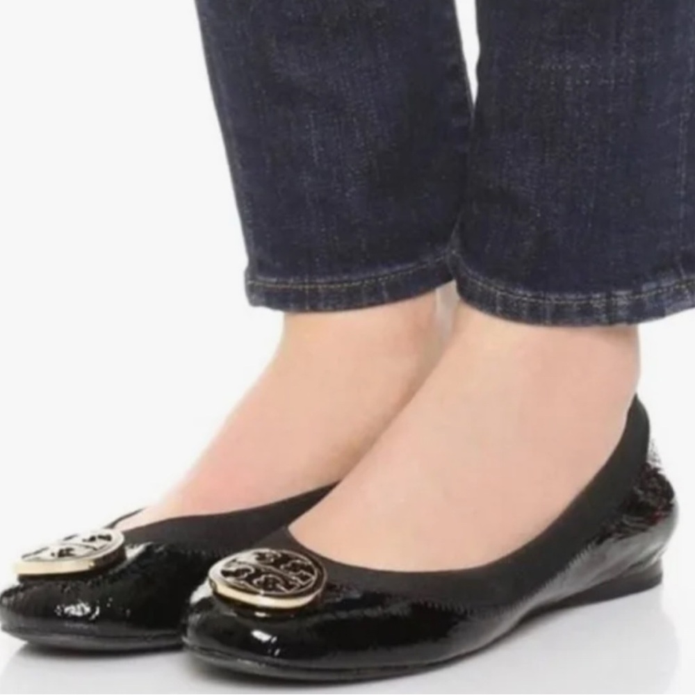 Tory Burch Glossy Black Flats with Gold Emblem